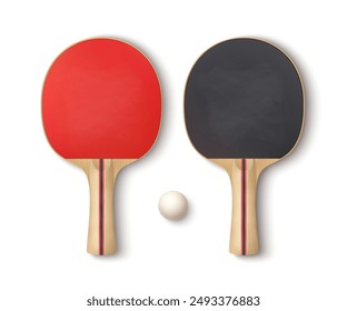 Set of rackets and ping pong ball. Table tennis game equipment. Isolated on white background. Vector.