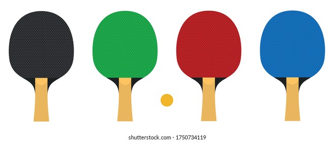 A set of rackets for playing table tennis. Red, black, green and blue. Isolated on a white background. vector illustration