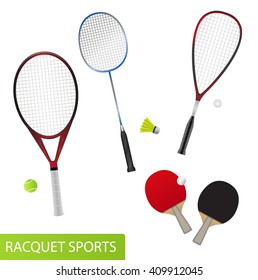 Set of racquet sports - equipment for tennis, table tennis, badminton and squash - rackets and balls