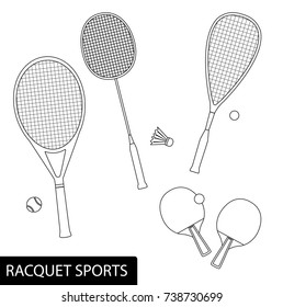 Set of racquet sports in outline design - equipment for tennis, table tennis, badminton and squash - rackets and balls