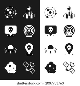 Set Radar, Alien, Solar system, Rocket ship, UFO flying spaceship, Satellite and Asteroid icon. Vector