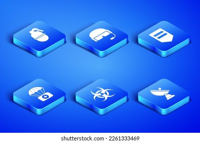 Set Radar, Hand grenade, Biohazard symbol, Parachute with first aid kit, Military helmet and Chevron icon. Vector