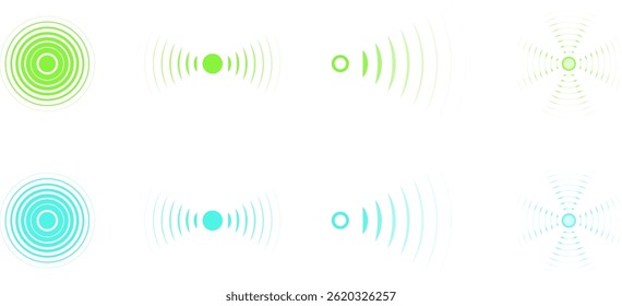 Set of radar icon in green and blue tones. Sonar sound waves icon. Signal concentric circles. Sonar wave and echo sounding symbol isolated on transparent background. Vector illustration