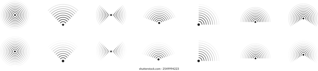 Conjunto de icono de radar. Icono de ondas sonoras. Círculos concéntricos de señal. Sonar onda y eco que suena símbolo aislado en fondo transparente. Ilustración vectorial