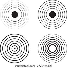 Conjunto de icono de radar. Icono de ondas sonoras. Círculos concéntricos de señal. Sonar onda y eco que suena el símbolo aislado en fondo transparente