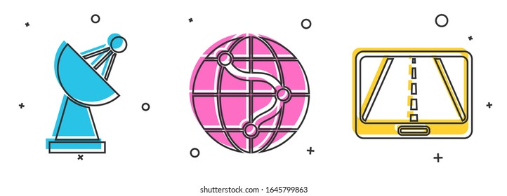 Establecer radar, Ubicación en el globo e Infografía del mapa de la ciudad icono de navegación. Vector