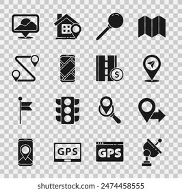 Set Radar, Location, Push pin, City map navigation, Route location,  and Toll road traffic sign icon. Vector