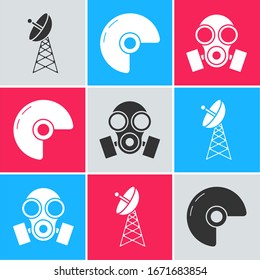 Set Radar , Military helmet  and Gas mask  icon. Vector