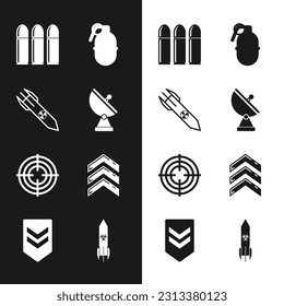 Set Radar, Nuclear rocket, Bullet, Hand grenade, Target sport, Military rank, Biohazard and Chevron icon. Vector