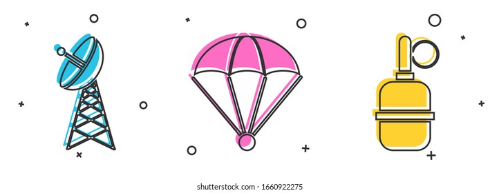 Set Radar , Parachute  and Hand grenade  icon. Vector