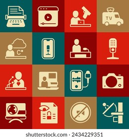 Set Radar, Photo camera, Microphone, Crime news, Mobile recording, Weather forecast, Retro typewriter and Television report icon. Vector