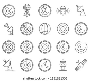 Set of radar Related Vector Line Icons. Includes such Icons as signal, waveform, wave,  satellite dish and more.