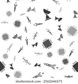 Set Radar, Rocket ship with fire, Processor with microcircuits CPU and Drone flying on seamless pattern. Vector