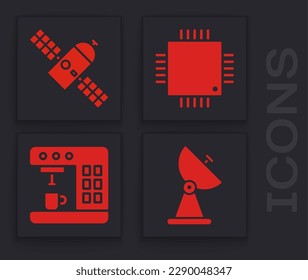 Set Radar, Satellite, Processor with microcircuits CPU and Coffee machine icon. Vector