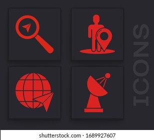 Establecer radar, ubicación de búsqueda, marcador de mapa con una silueta de una persona y Ubicación en el icono del globo. Vector