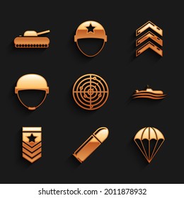 Coloca Radar con objetivos, Bullet, Paracaídas, Submarino, Chevron, casco militar, rango e icono de tanque. Vector