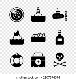 Radar mit Targets, schwimmende Bojen, U-Boot, Lifebuoy, Erste Hilfe Kit, Schädel auf Kreuzen, Iceberg und Sharp Stein Riffe Symbol. Vektorgrafik