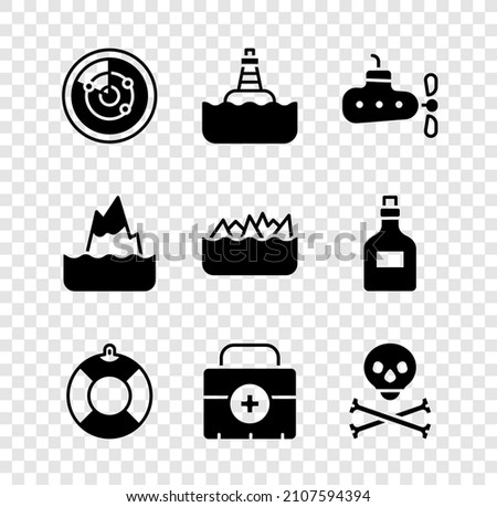 Set Radar with targets, Floating buoy, Submarine, Lifebuoy, First aid kit, Skull on crossbones, Iceberg and Sharp stone reefs icon. Vector