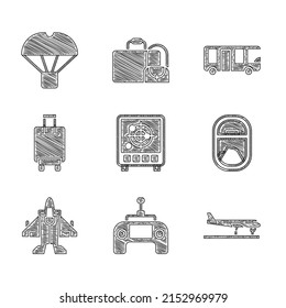 Set Radar with targets on monitor, Drone remote control, Plane, Airplane window, Jet fighter, Suitcase, Airport bus and Box flying parachute icon. Vector