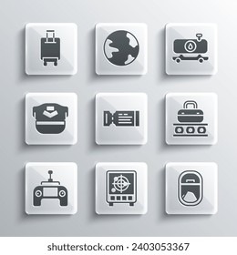 Set Radar with targets on monitor, Airplane window, Conveyor belt suitcase, Airline ticket, Drone remote control, Pilot hat, Suitcase and Fuel tanker truck icon. Vector