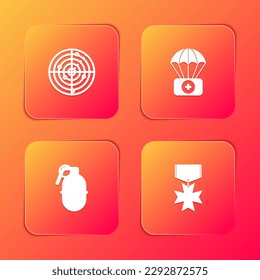 Set Radar with targets, Parachute first aid kit, Hand grenade and Military reward medal icon. Vector