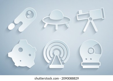 Set Radar, Telescope, Asteroid, Astronaut helmet, UFO flying spaceship and Comet falling down fast icon. Vector