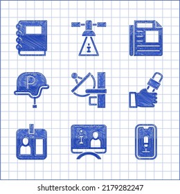 Set Radar, Television report, Mobile recording, Journalist news, id card, War journalist, News and Notebook icon. Vector