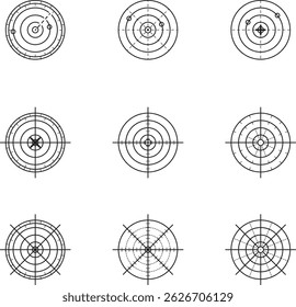 Set of radar UI icons with circular grid and target indicators. Minimal tech-style visuals ideal for military, scanning, tracking, game HUDs, or security system interfaces. - Powered by Shutterstock - Get 15% off with code: PIKWIZARD15