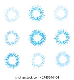 Set. Radial blue concentric particles on a white background. Sound wave. An element of a sunbeam or a star burst. Zoom effect Square fight stamp. Wavy circle vector line texture background. Iris