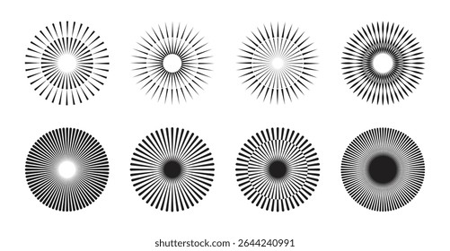 Set of radial burst circle elements – abstract black and white sunburst designs.
