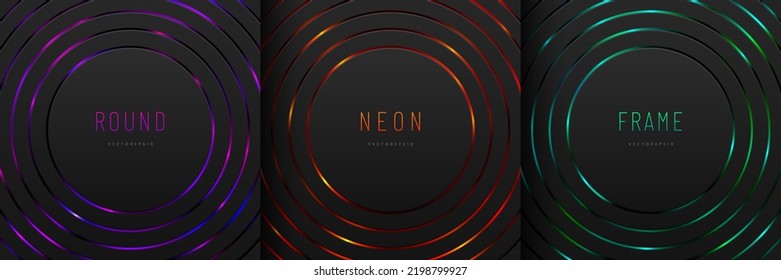 Set of radial circle black pattern on glowing red, blue, green neon abstract background in technology style. Modern futuristic geometric round shape design. You can use for cover template, poster.