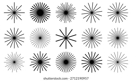 Conjunto de líneas circulares radiales que forman Formas geométricas. Las líneas circulares radiantes crean símbolos de rayos solares y estrellados. Perfecto para diseño abstracto, fondos, decoración y proyectos gráficos modernos.