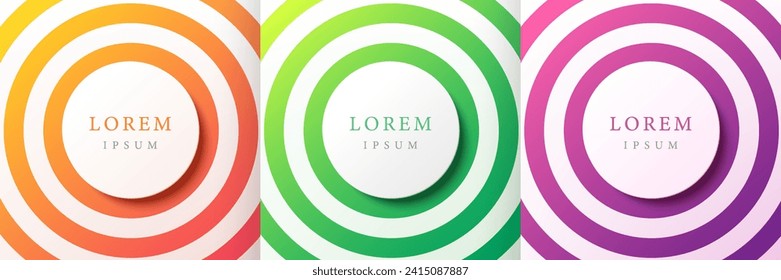 Set of radial circles orange, green, purple and white background with copy space. Collection of geometric pedestal or podium in top view design. Trendy color round frames product display. Vector EPS10