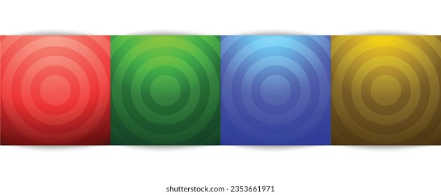 Set of radial circles  red, green, blue and yellow background with copy space. Collection of geometric pedestal or podium in top view design. Trendy color frames for product display. 