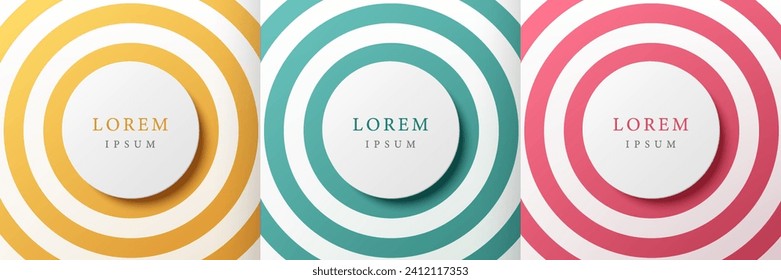 Set of radial circles yellow, pink, green and white background with copy space. Collection of geometric pedestal or podium in top view design. Trendy color frames for product display. Vector EPS10.