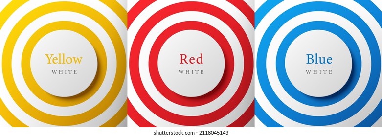 Set of radial circles yellow, red, blue and white background with copy space. Collection of geometric pedestal or podium in top view design. Trendy color frames for product display. Vector EPS10