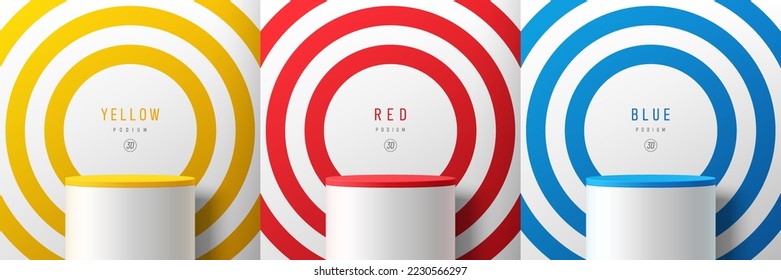 Set of radial circles yellow, red, blue and white background with white cylinder stand podium. Minimal wall scene mockup product display. Abstract vector geometric forms design. Round stage showcase.