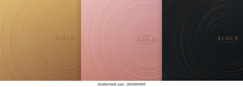 Set of radial circular glowing glitter overlapping on black, gold and rose gold background. Luxury and elegant halftone design. Radial dots pattern template with copy space. Vector illustration