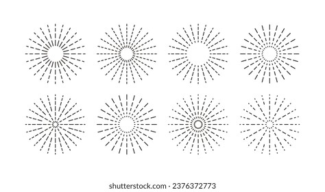 Conjunto de diseños gráficos circulares radiales con formas simples, modernas, geométricas y abstractas. Elementos de efecto como la chispa, la luz, la luz solar, los fuegos artificiales, la explosión, el brillo, la explosión, la viga, el brillo, la propagación, 