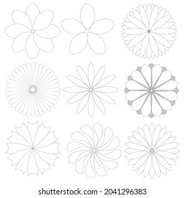 conjunto de flores radiales, líneas negras delgadas sobre un fondo blanco, aisladas, colección de elementos de diseño vectorial