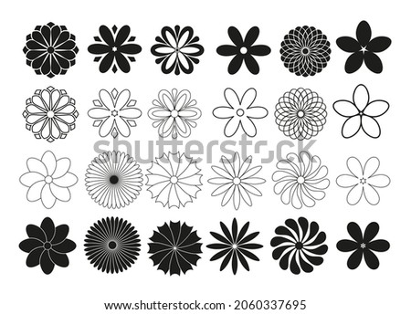 set of radial flowers, thin black lines on a white background, collection of vector design elements