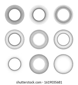 Set of radial halftone dots in circle form for comic books. Fireworks explosion background. EPS10 vector Illustration. Starburst round as logo or icon.  Abstract geometric star rays.