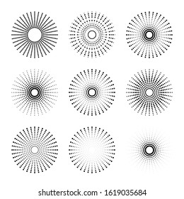 Set of radial halftone dots in circle form for comic books. Fireworks explosion background. EPS10 vector Illustration. Starburst round as logo or icon.  Abstract geometric star rays.