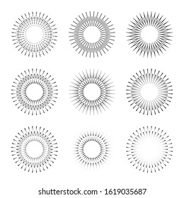 Set of radial halftone dots in circle form for comic books. Fireworks explosion background. EPS10 vector Illustration. Starburst round as logo or icon.  Abstract geometric star rays.