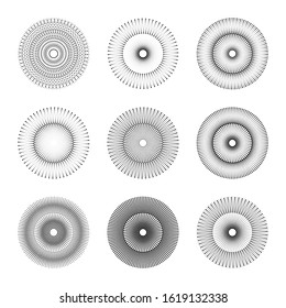 Set of radial halftone dots in circle form for comic books. Fireworks explosion background. EPS10 vector Illustration. Starburst round as logo or icon.  Abstract geometric star rays.