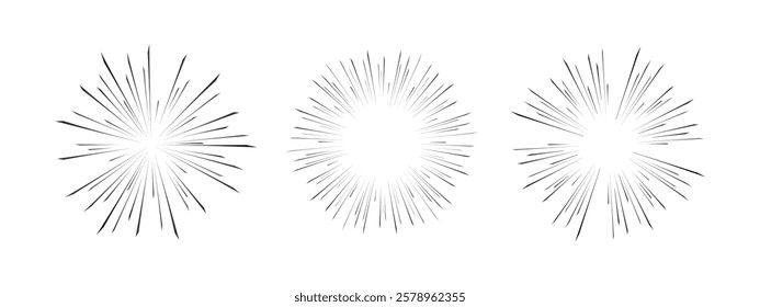 A set of radial lines for comics. Speed Effects. Vector illustration, abstract explosions, space flash and dynamic effects for anime and manga scenes.