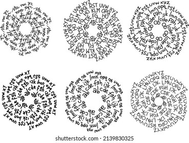 Set of radial round pattern of alphabet typography with black lines for decoration