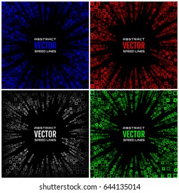 Set radial speed lines on black background. Geometric illustration of different sizes frames of rhombuses, squares. Free space in the center for your text