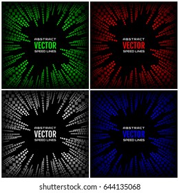 Set radial speed lines on black background. Geometric illustration of different sizes rhombuses, squares. Free space in the center for your text