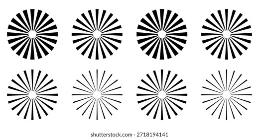 Conjunto de iconos de vectores de rayos de sol radiales, rayos de sol negros y Elementos circulares aislados sobre fondo blanco para proyectos retro, arte Pop y Diseño gráfico.